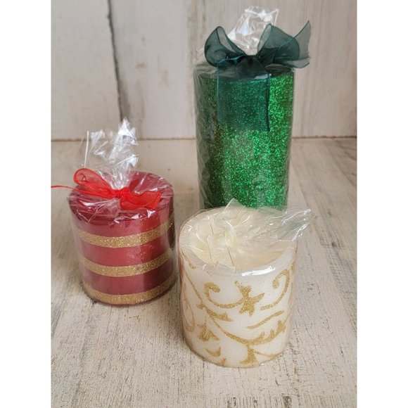 Green glitter pillar candle unscented set xmas home decor - Picture 1 of 4